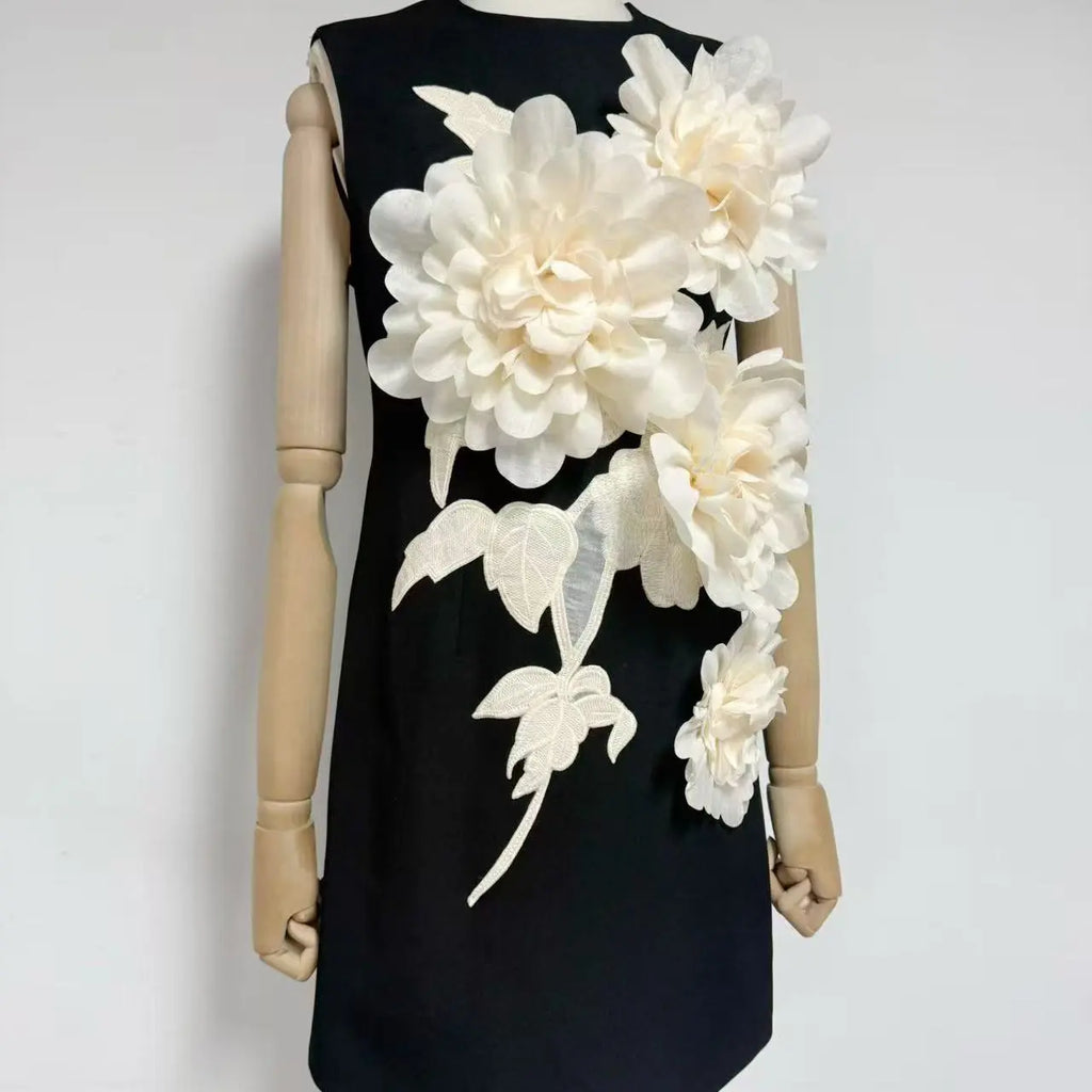 mandy 3d flower embellished Mini Dress in Black Avalabel