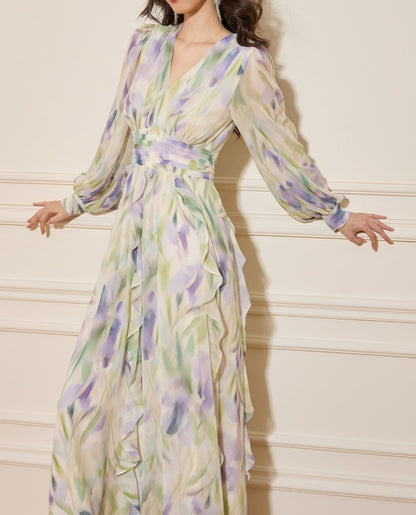 rachel multicolor v-neck floral print lantern sleeve maxi dress