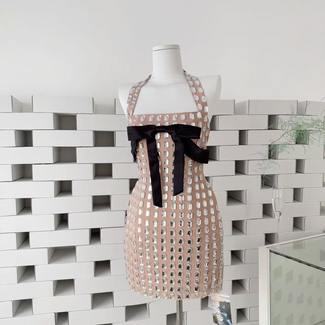 Kettle Halter Bow Rhinestone Mini Dress Avalabel