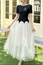 Leona Black-White Two-Tone Rhinestone Neck Tulle Maxi Dress Avalabel