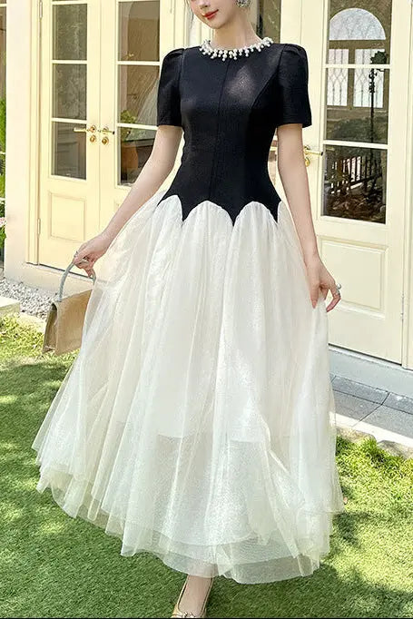 Leona Black-White Two-Tone Rhinestone Neck Tulle Maxi Dress Avalabel