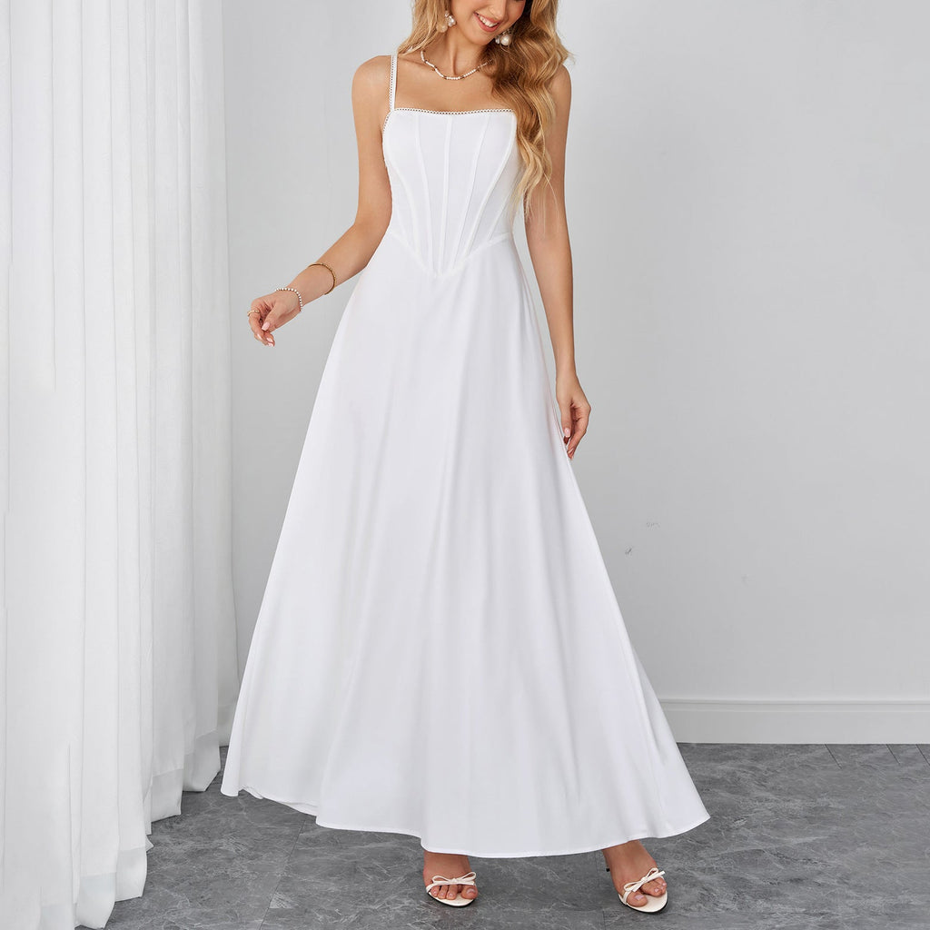 Lace Trim Corset Spaghetti Strap Flowy Maxi Dress poava