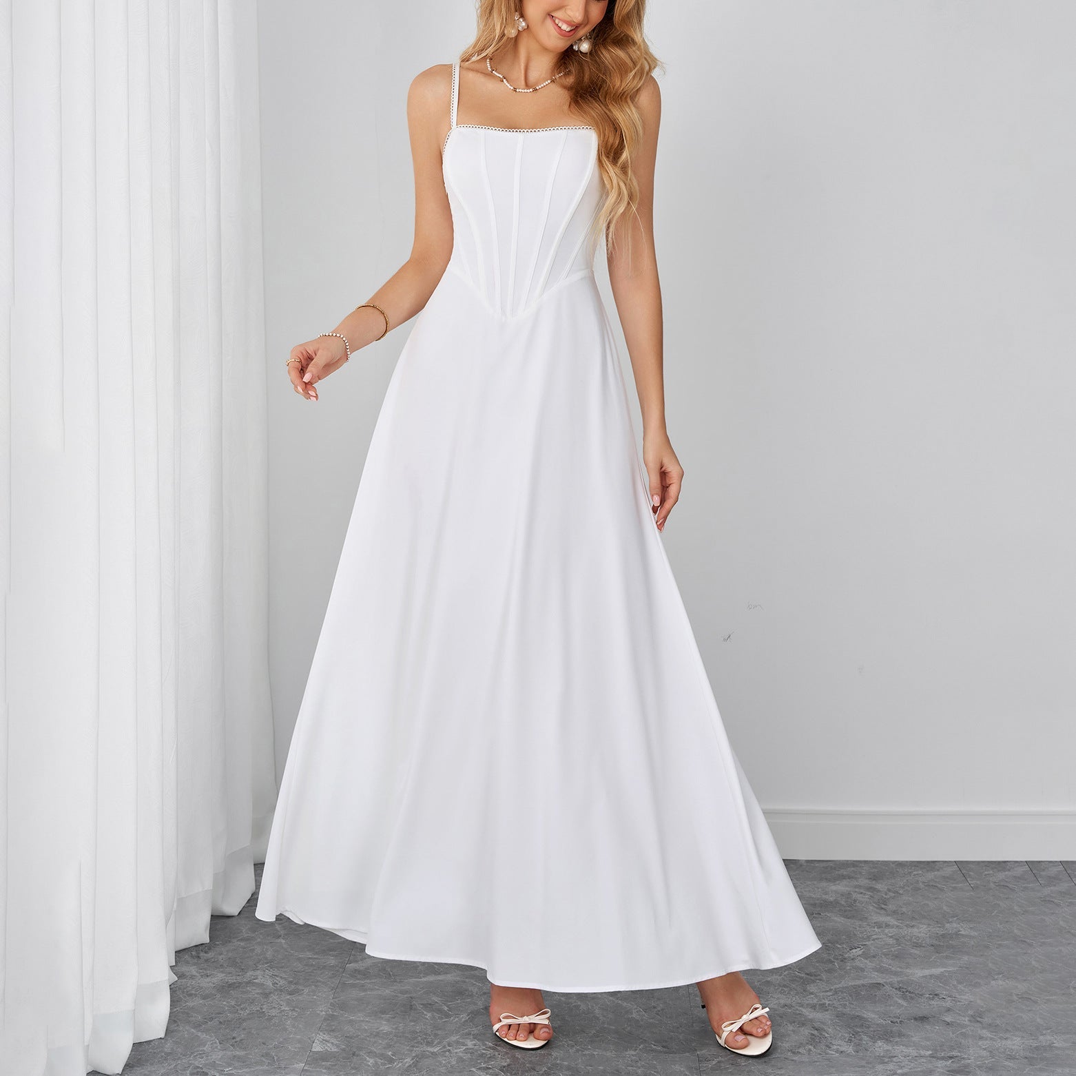 Lace Trim Corset Spaghetti Strap Flowy Maxi Dress poava