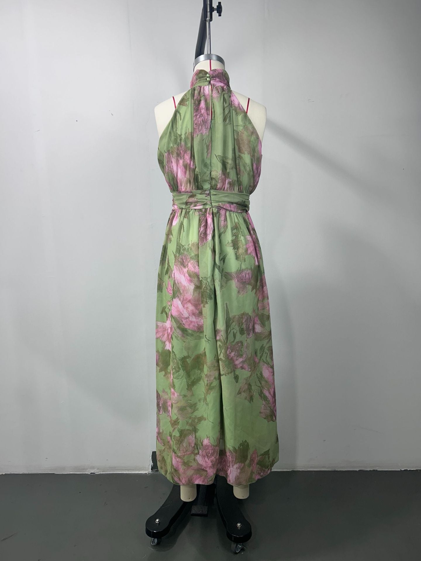 Polly Green Floral Chiffon Halter Maxi Dress Avalabel