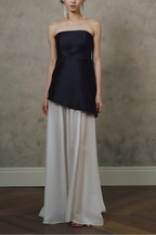 Satin Spliced tulle  strapless maxi dress in black and white Avalabel