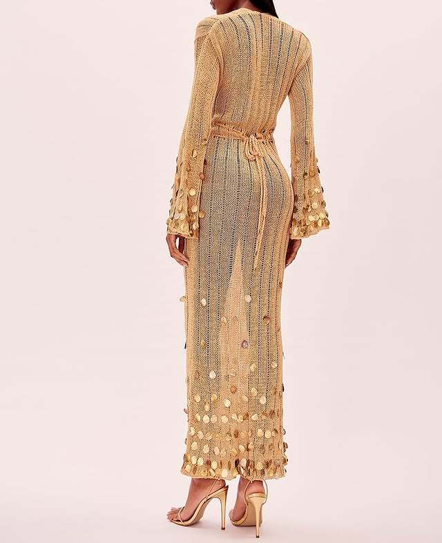 elma Golden Aura v-neck Knitted maxi Dress Avalabel