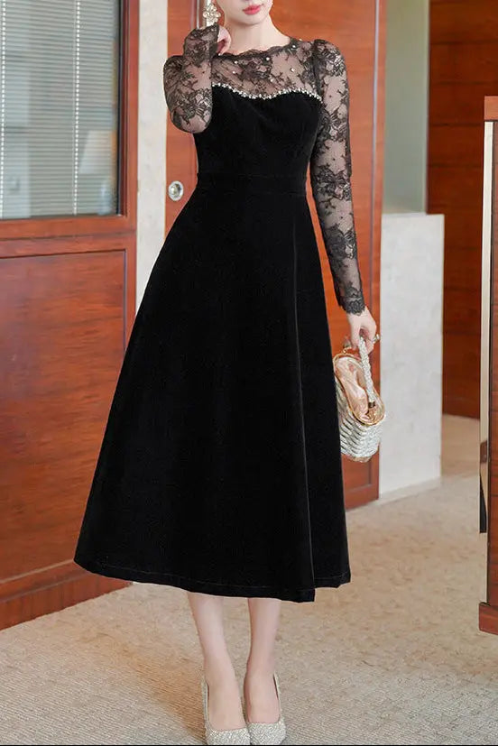 Tiffany Lace Hollow Sleeve Rhinestone Velvet Maxi Dress in Black Avalabel