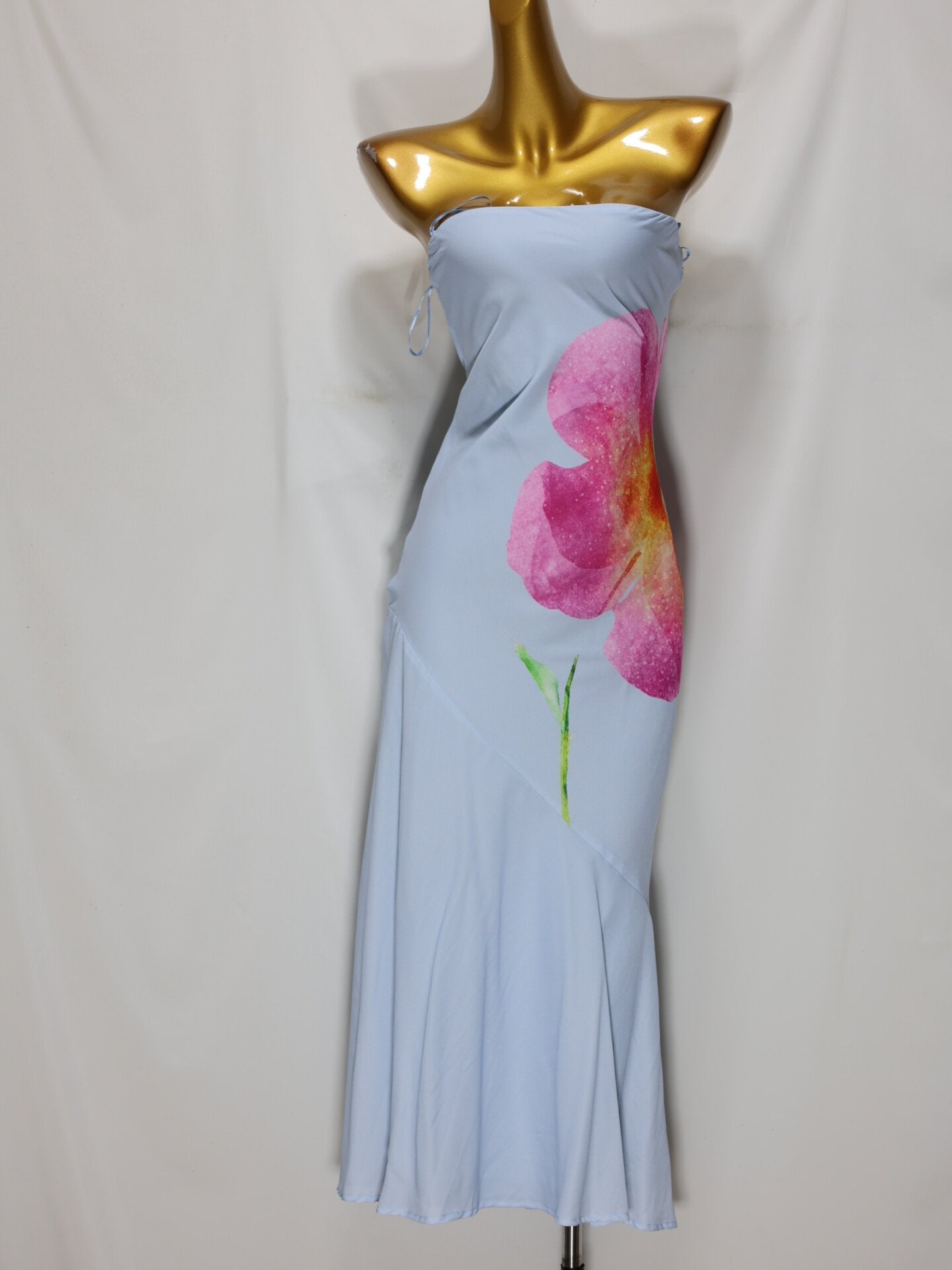 Light Blue Floral Print Strapless Midi Dress Avalabel