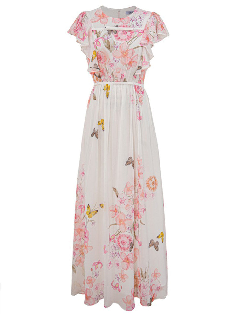 White Floral Flying Sleeves Maxi Dress Avalabel