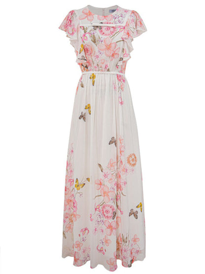White Floral Flying Sleeves Maxi Dress