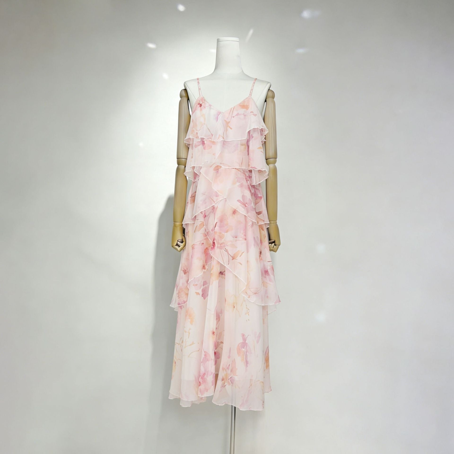 Beverly V-Neck Spaghetti Strap Chiffon Maxi Dress - Pink Avalabel