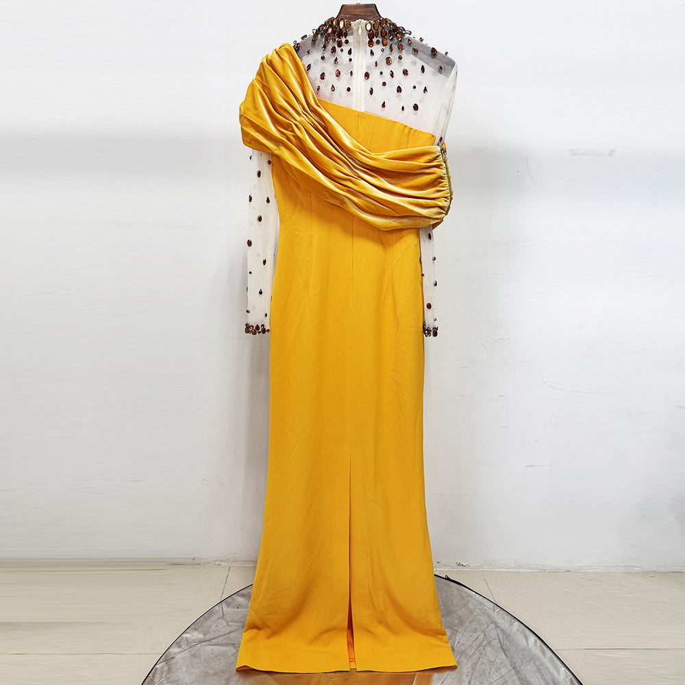 Mesh-Paneled Beaded Rhinestone-Embellished Maxi Dress - Yellow Avalabel