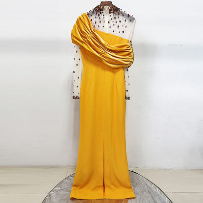 Mesh-Paneled Beaded Rhinestone-Embellished Maxi Dress - Yellow
