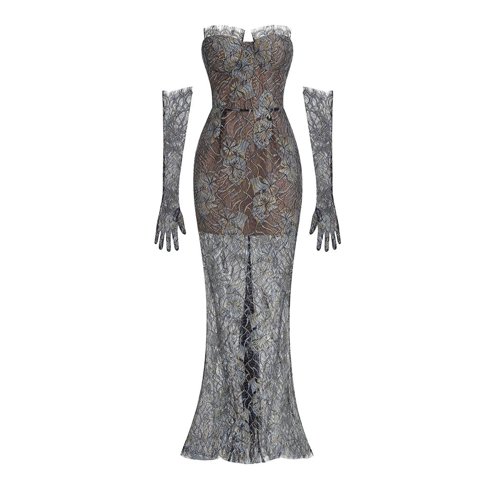 Shnovia Blue Strapless Embroidered Lace Maxi Dress with Gloves Avalabel