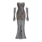 Shnovia Blue Strapless Embroidered Lace Maxi Dress with Gloves Avalabel