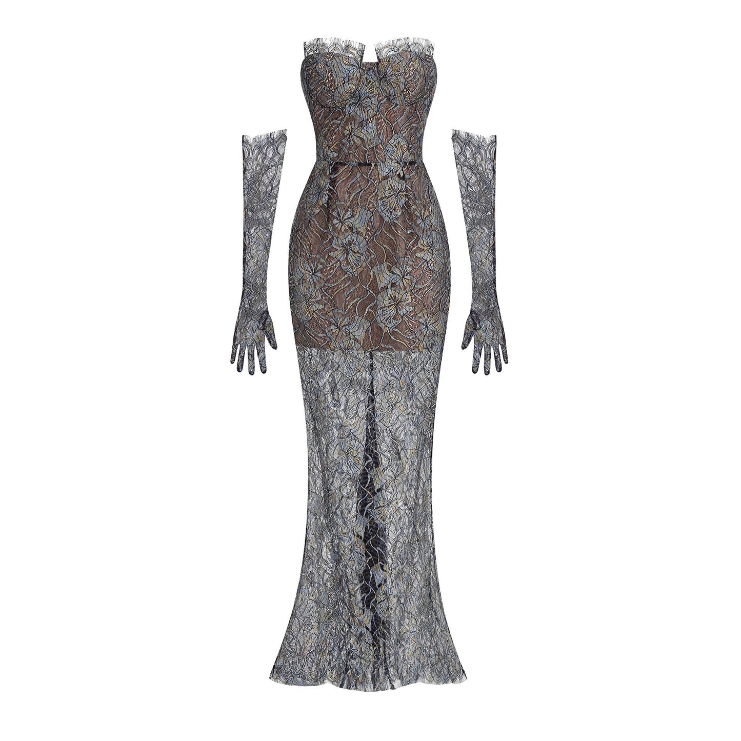 Shnovia Blue Strapless Embroidered Lace Maxi Dress with Gloves