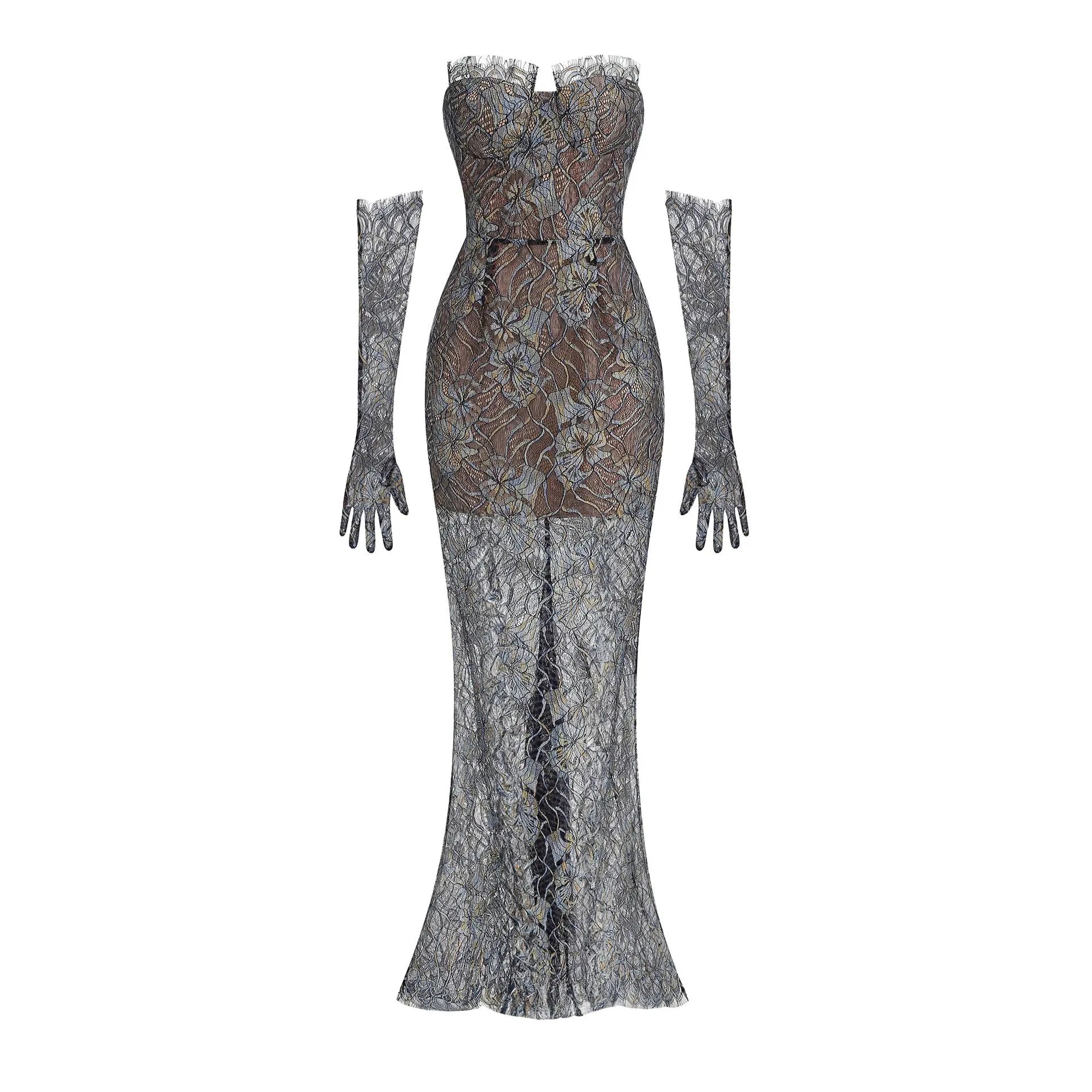 Shnovia Blue Strapless Embroidered Lace Maxi Dress with Gloves Avalabel