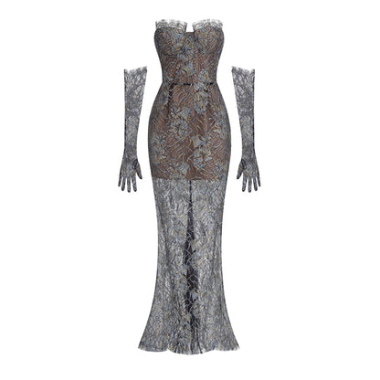 Shnovia Blue Strapless Embroidered Lace Maxi Dress with Gloves