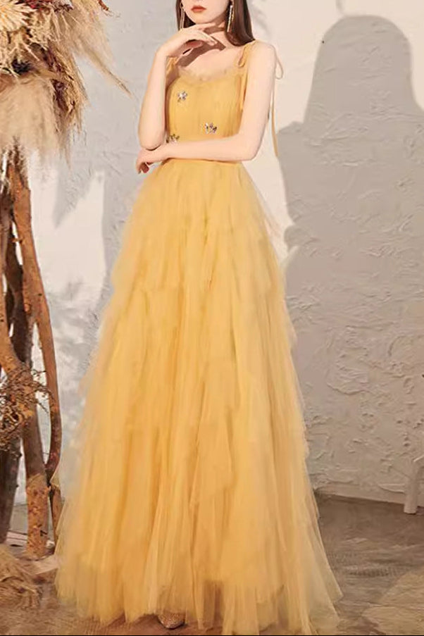 Victoria Rhinestone Embellished Tulle Maxi Dress - Yellow Avalabel