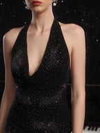 alison halter v-neck sequin bodycon mini dress in black Avalabel