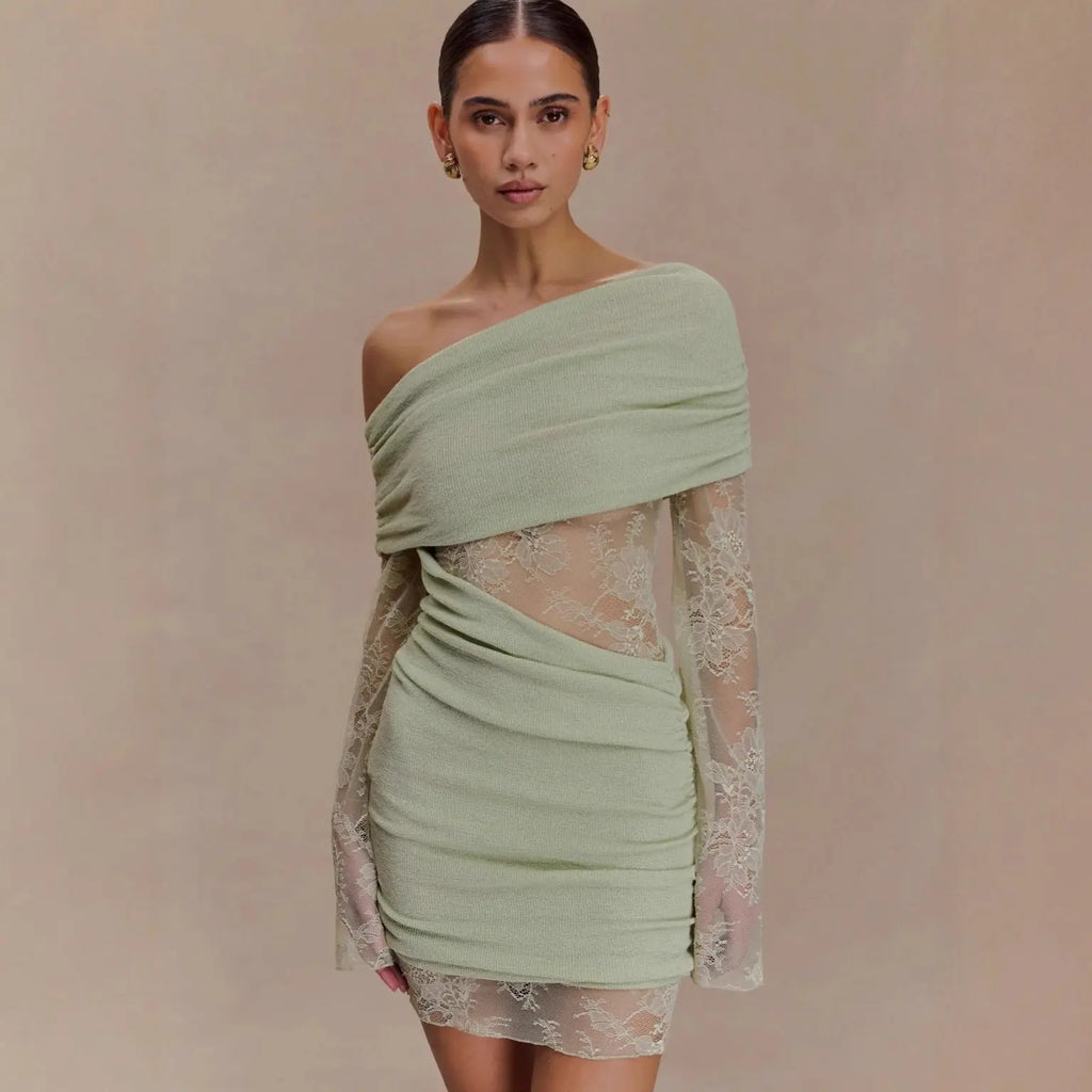 Matcha lace strapless spliced knitted mini dress Avalabel