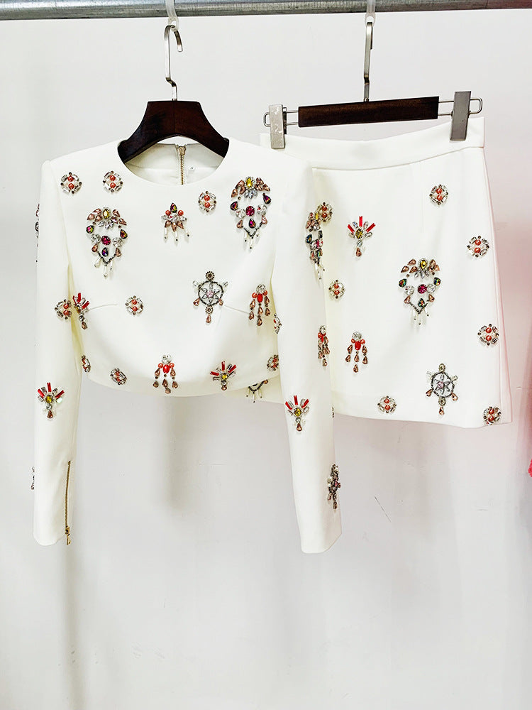 WHITE RHINESTONE EMBELLISHED SKIRT SET Avalabel