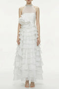 Samantha White 3D Petal Ruffled Rhinestone Embellished Maxi Dress Avalabel