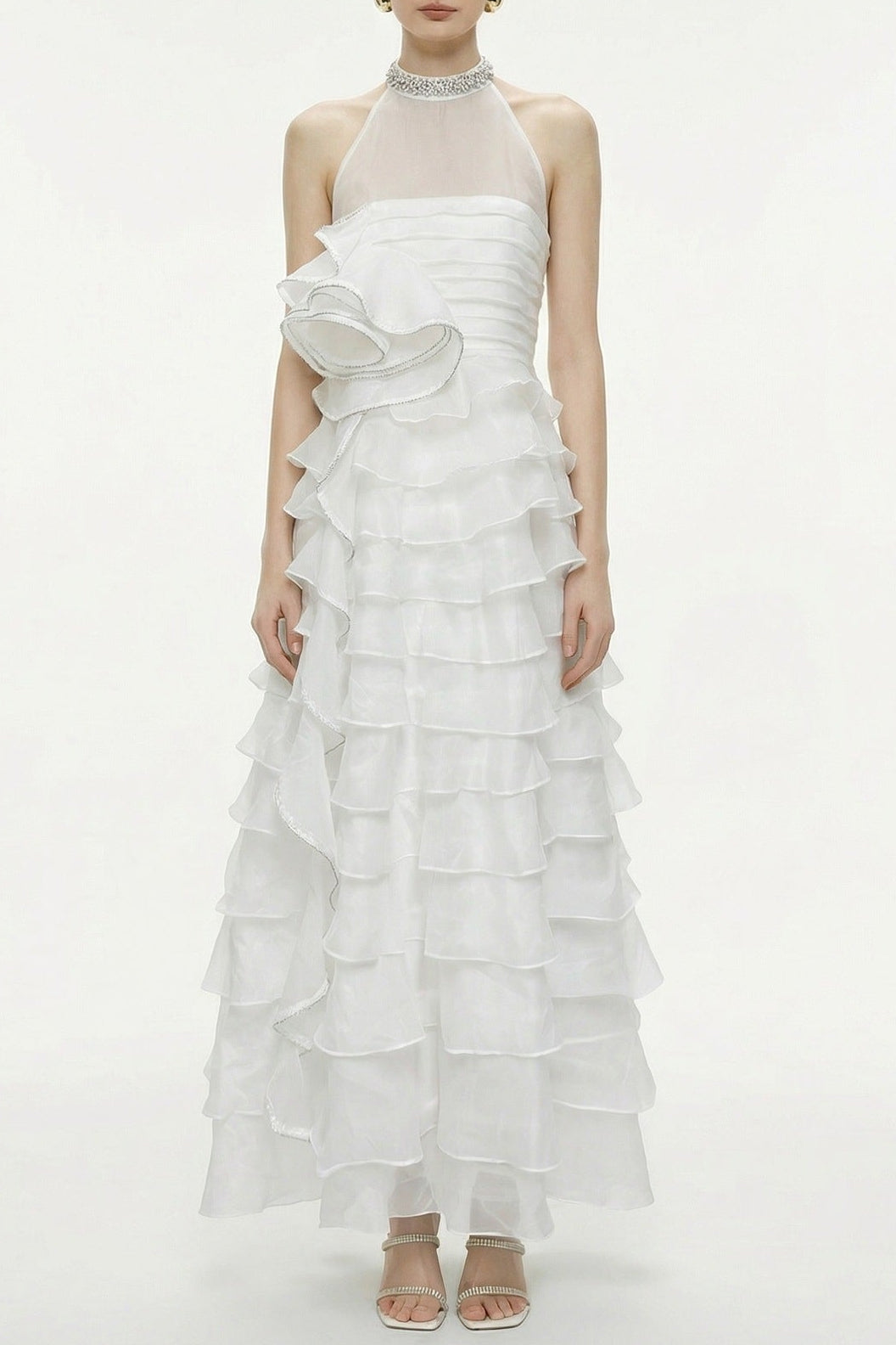 Samantha White 3D Petal Ruffled Rhinestone Embellished Maxi Dress