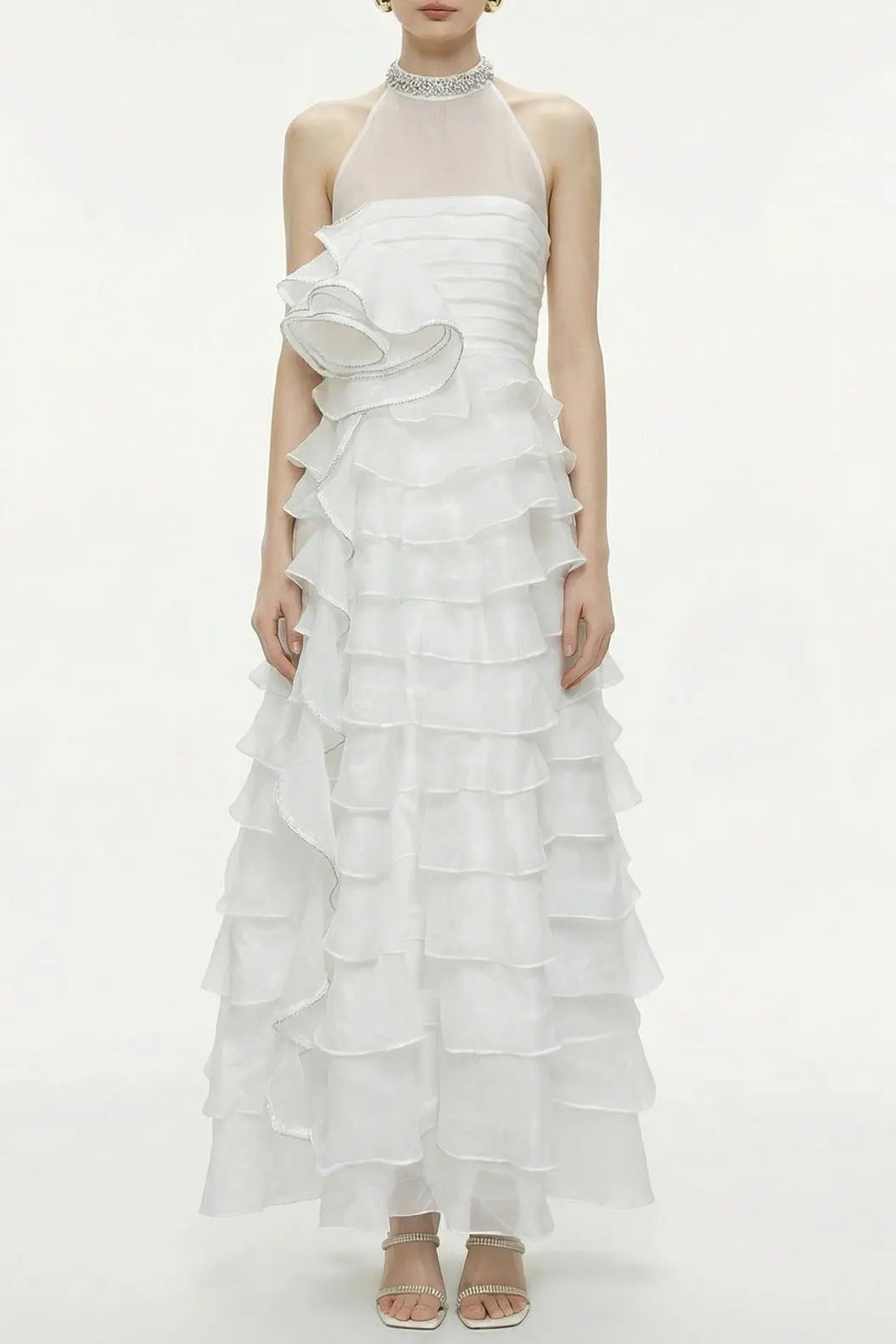 Samantha White 3D Petal Ruffled Rhinestone Embellished Maxi Dress Avalabel