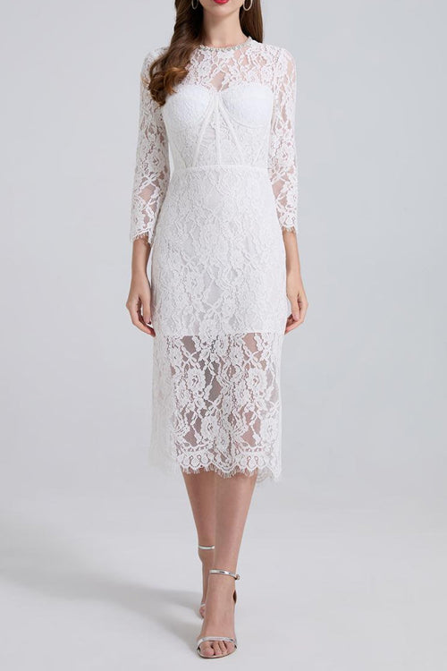 Bernice Rhinestone Fishbone Lace Midi Dress in White Avalabel