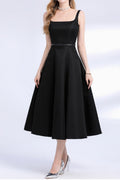 Amelia Square Neck Satin Slip Midi Dress - Black Avalabel