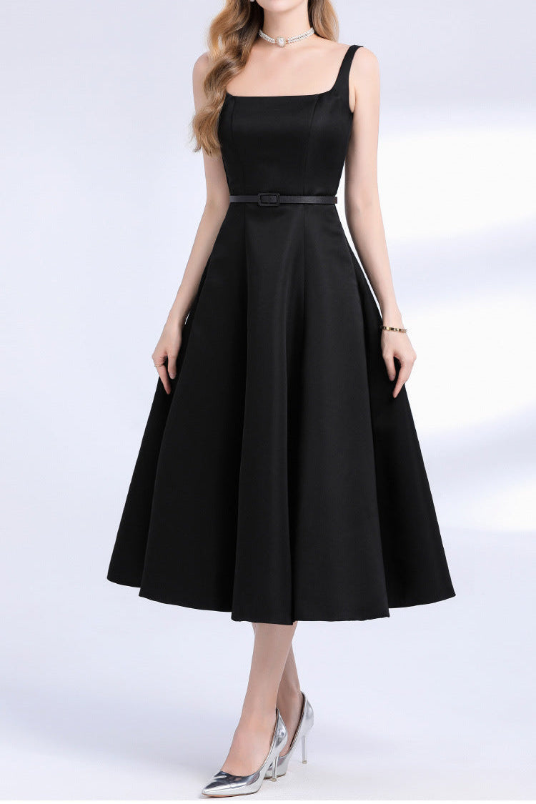 Amelia Square Neck Satin Slip Midi Dress - Black Avalabel