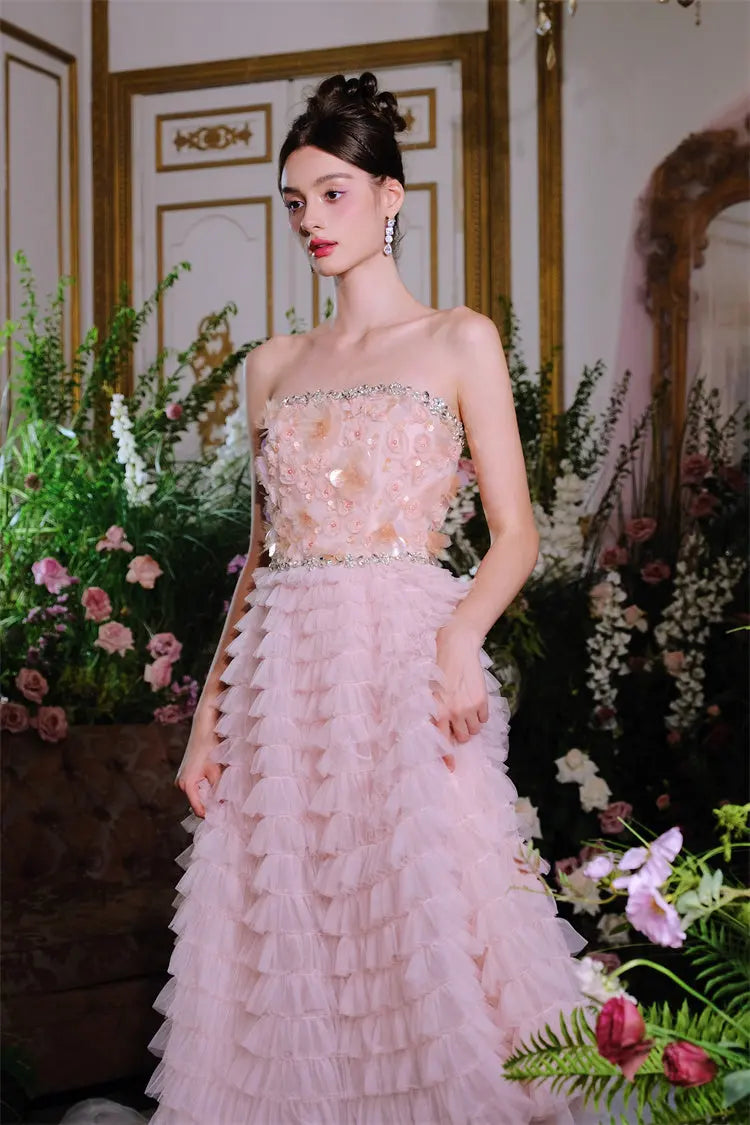 Pink Princess layer ruffle midi floral Embroidery strapless Dress Avalabel