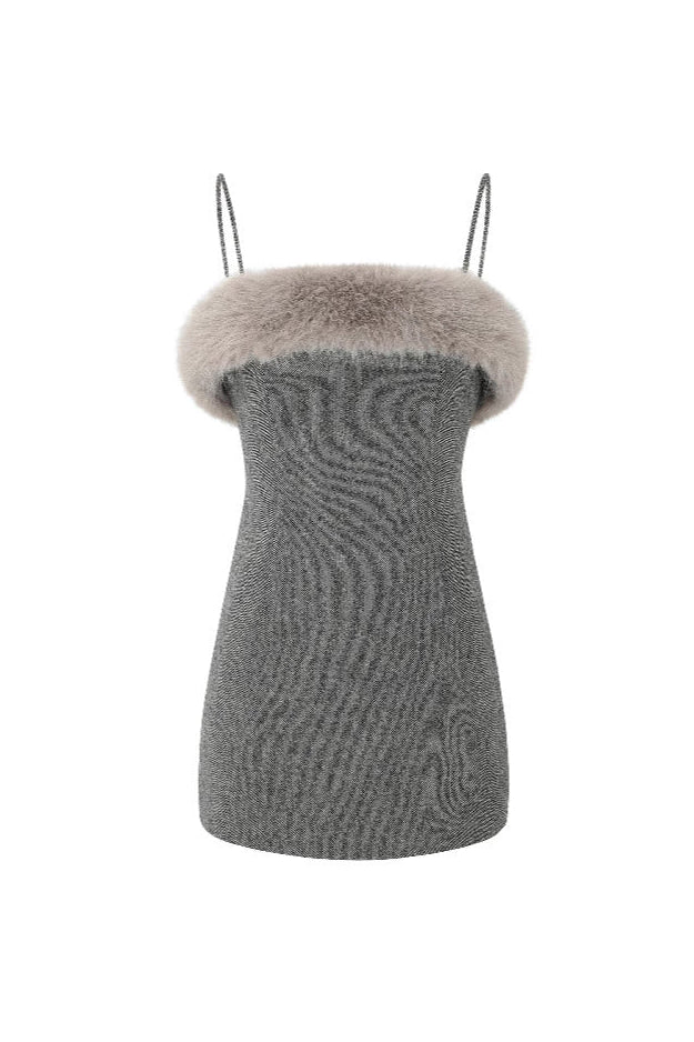 victoria Spaghetti Faux Fur Mini Dress in grey Avalabel