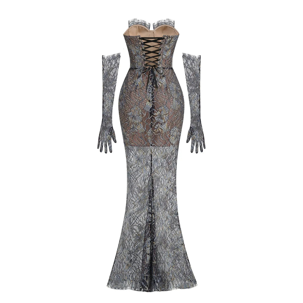 Shnovia Blue Strapless Embroidered Lace Maxi Dress with Gloves Avalabel