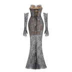 Shnovia Blue Strapless Embroidered Lace Maxi Dress with Gloves Avalabel