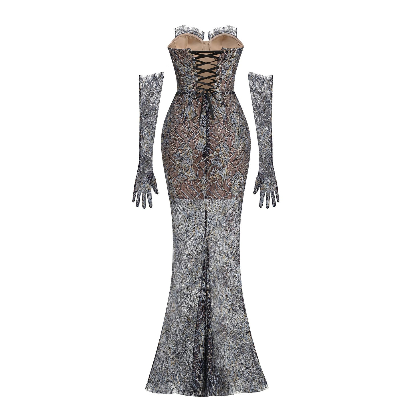 Shnovia Blue Strapless Embroidered Lace Maxi Dress with Gloves