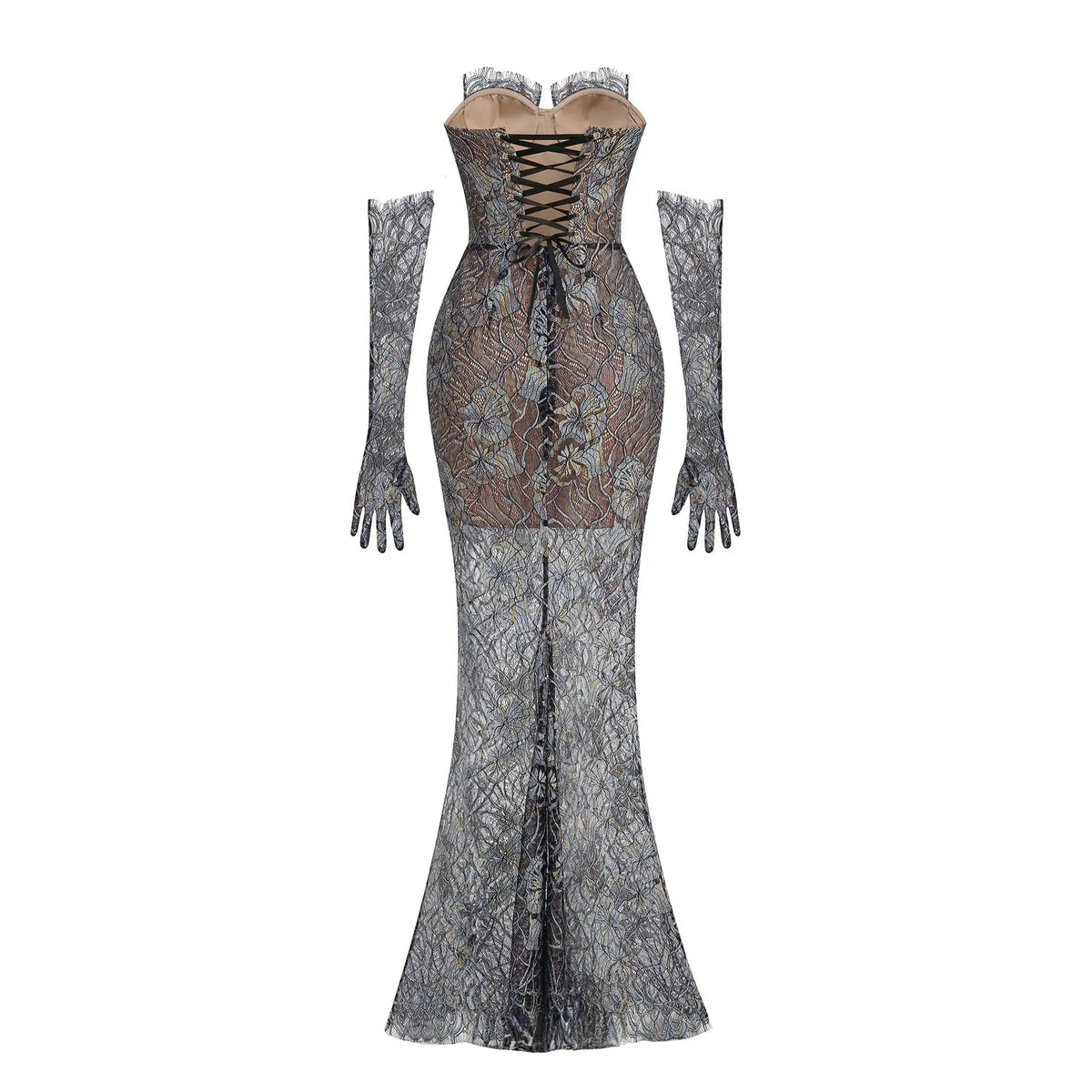 Shnovia Blue Strapless Embroidered Lace Maxi Dress with Gloves Avalabel