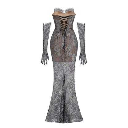 Shnovia Blue Strapless Embroidered Lace Maxi Dress with Gloves