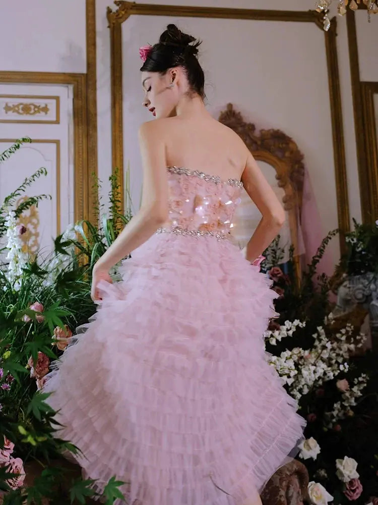 Pink Princess layer ruffle midi floral Embroidery strapless Dress Avalabel