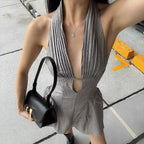 V-Neck Open Back Polka Puffy Mini Dress in Gray Avalabel