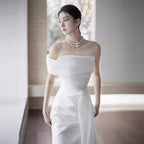Lisa in a Simple Yet Elegant White French-Style one-Shoulder Mermaid Maxi Dress Avalabel