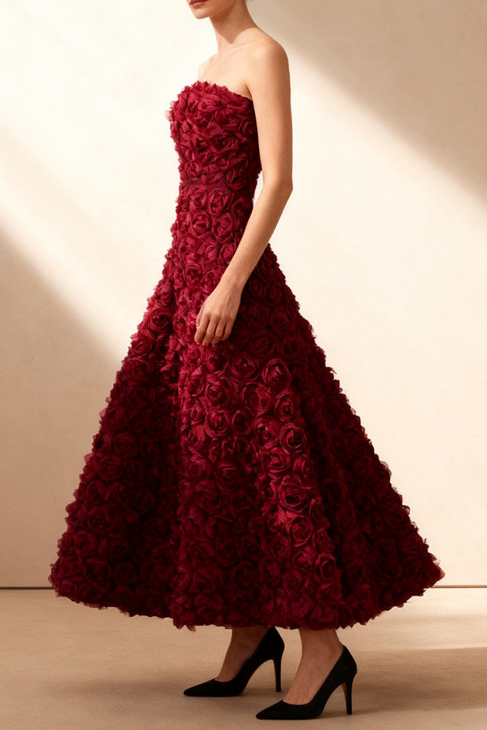 mona 3D Rose Petal Strapless Mesh Maxi Dress in wine red Avalabel