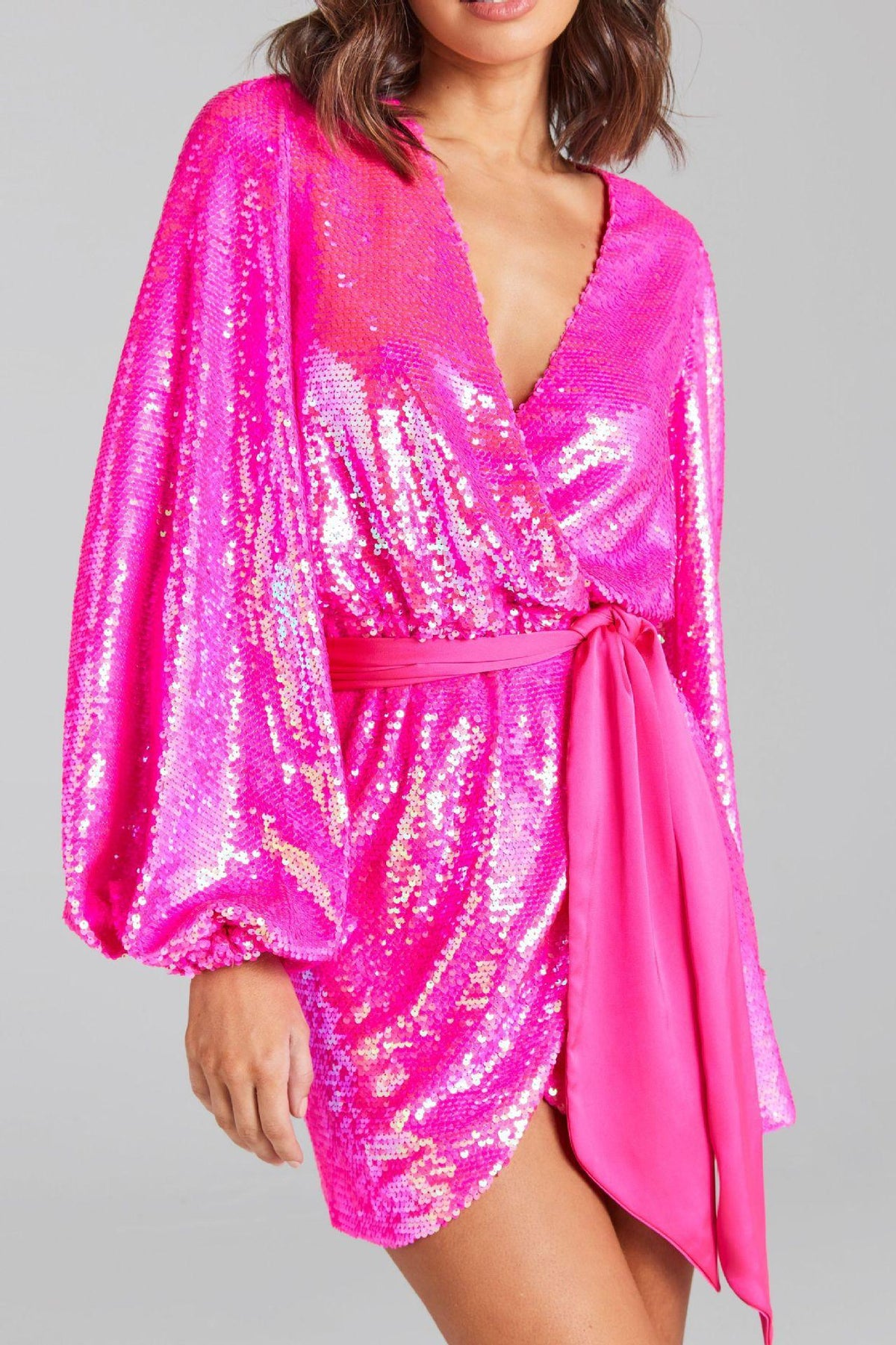 Irregular sequin slit mini dress in rose red Avalabel