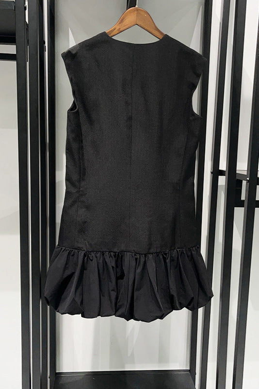 Button Front Bubble Hem mini Dress in Black Avalabel