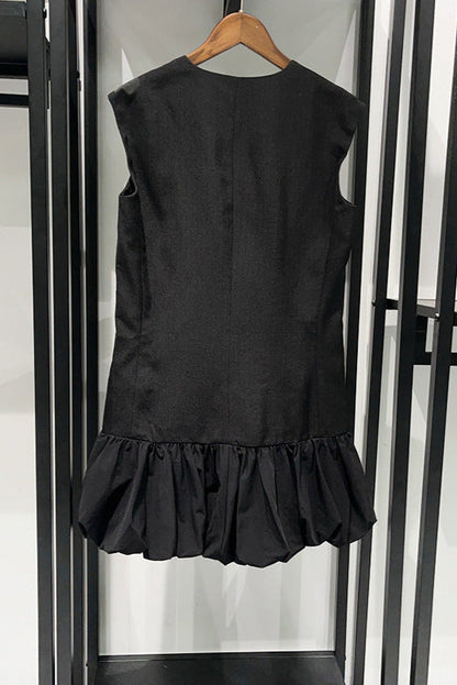 Button Front Bubble Hem mini Dress in Black