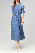 lorraine lace ruffle trim midi dress in blue Avalabel