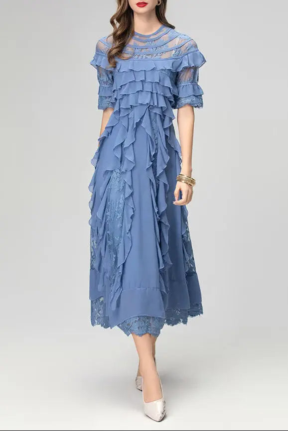 lorraine lace ruffle trim midi dress in blue Avalabel
