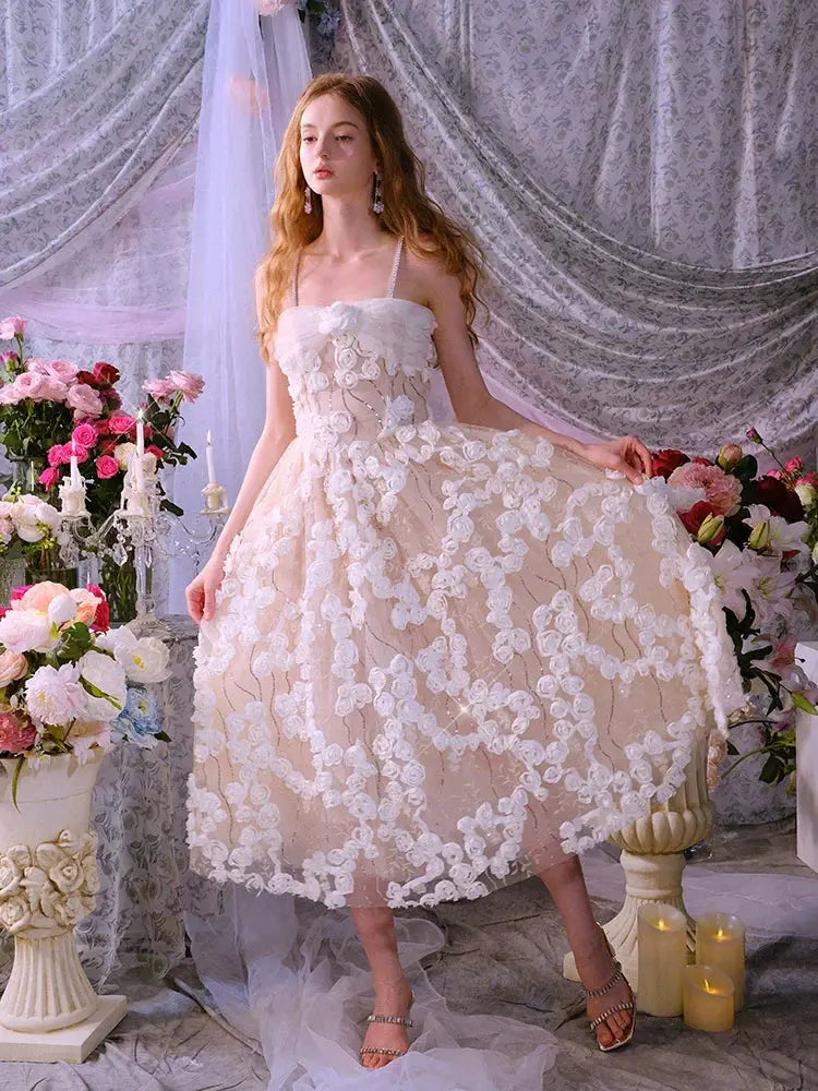 Leah White/Beige Sleeveless  Flower Dress Avalabel
