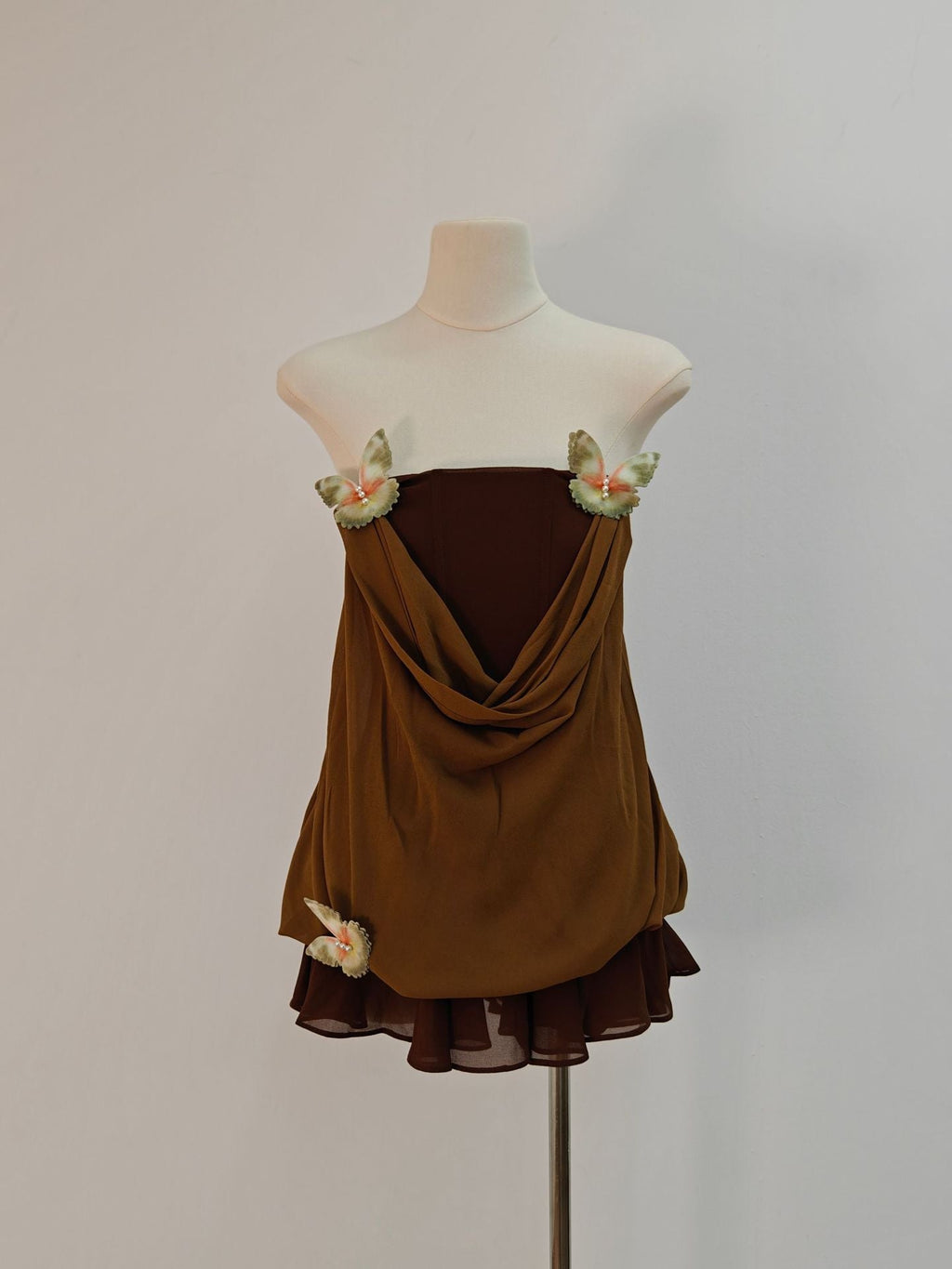 Brown 3D Butterfly Fishbone Tunic Top Mini Skirt Set Avalabel